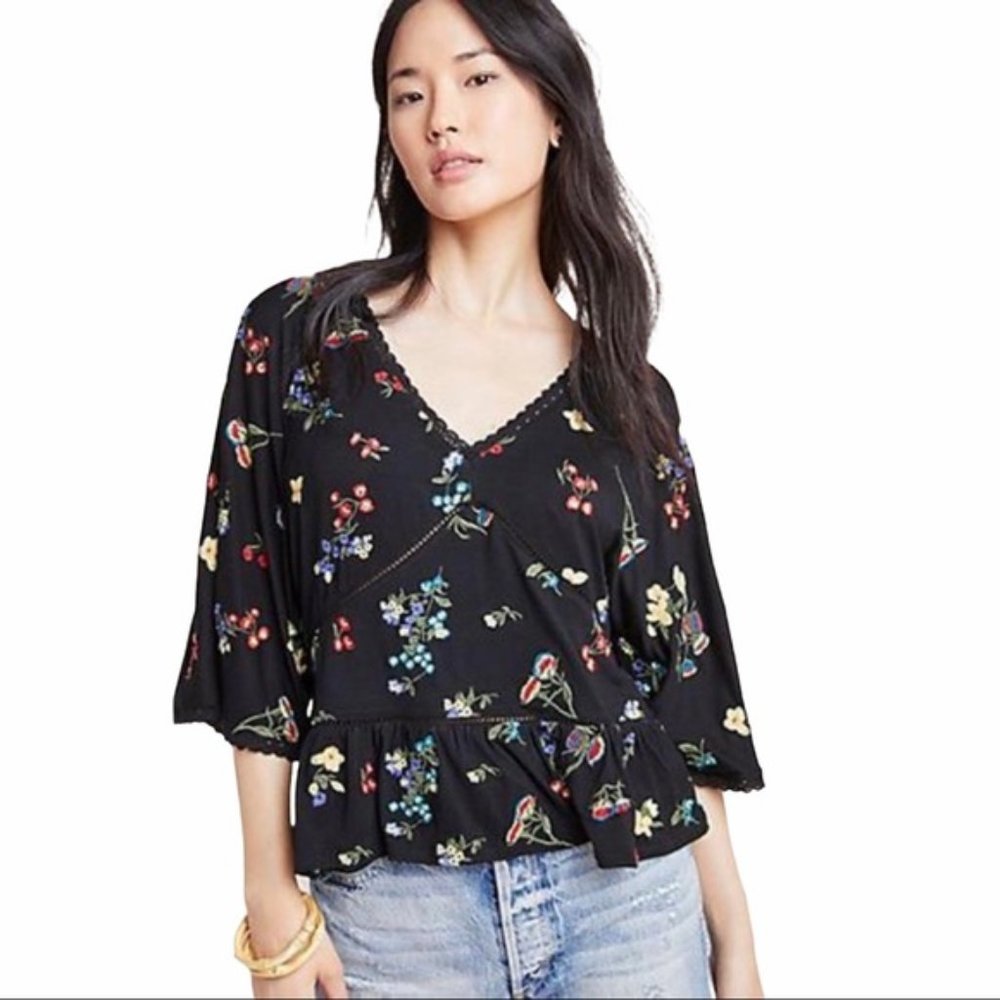 Anthropologie Pavarti Black Floral Embroidered Top Size M (CC-29)